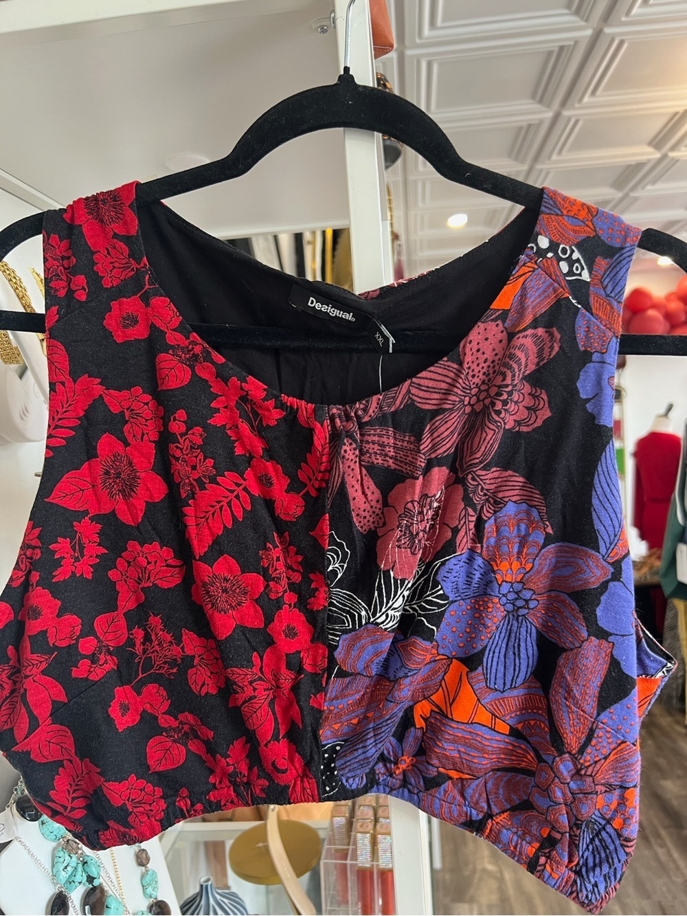 Desigual Black Top with Red Floral Accents